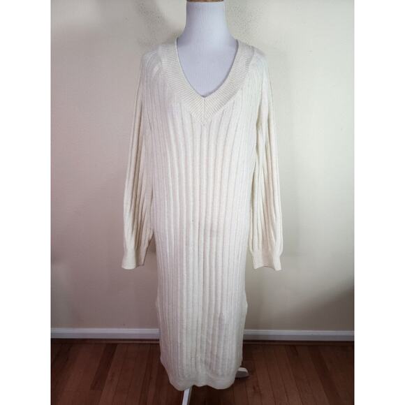 H&M Women's Long Wool blend Rib Sweater Dress Ivory Size Small Midi Long Sleeve - Picture 2 of 7